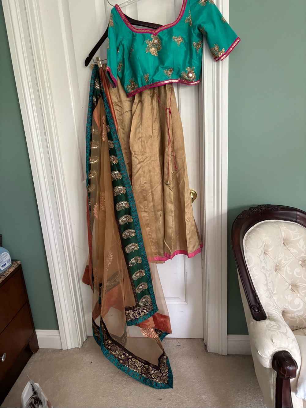 Teal and Gold designerIndian Lehenga Choli dupetta with Pink trim. LARGE